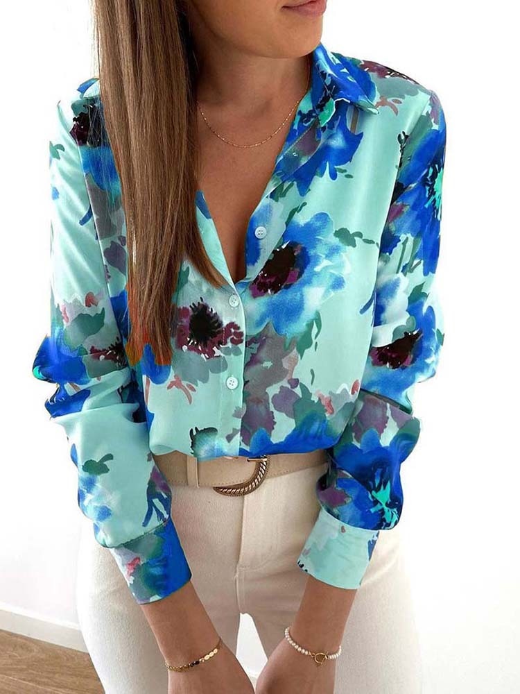Stilla | Blomster Nedslået Krave Langærmet Mode Plus Size Bluse Mode