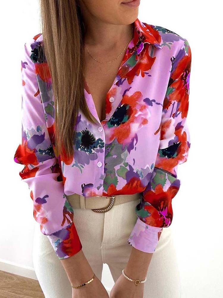 Stilla | Blomster Nedslået Krave Langærmet Mode Plus Size Bluse Mode