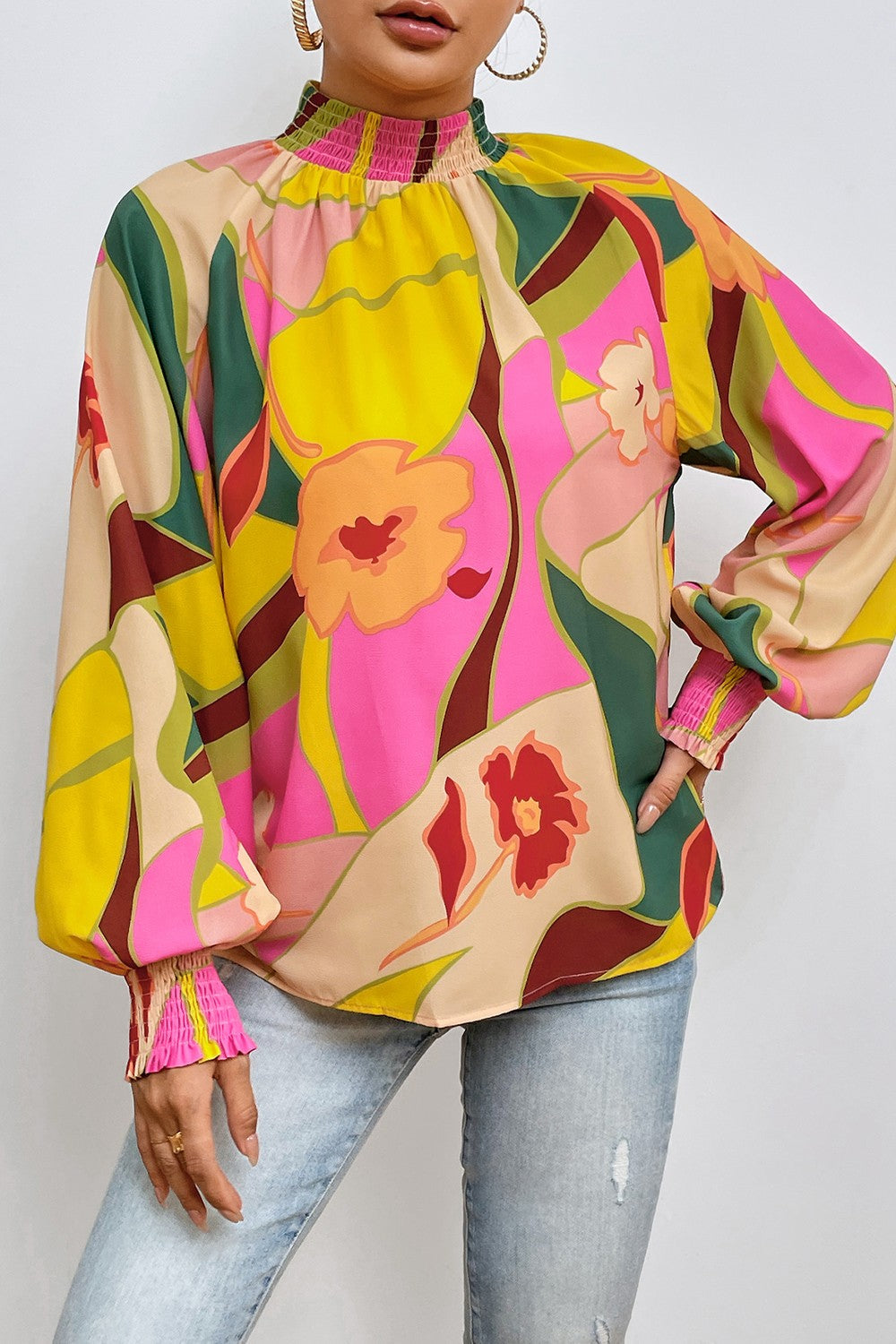 Stilla | Smocked Lantern Sleeve Mock Neck Bluse Rabat