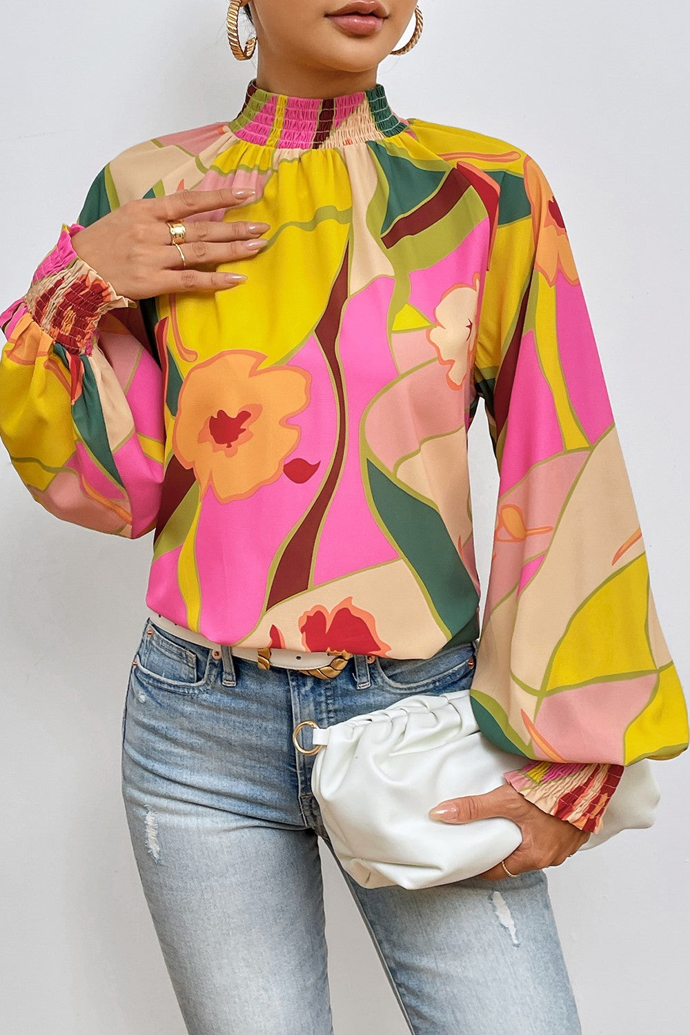 Stilla | Smocked Lantern Sleeve Mock Neck Bluse Rabat
