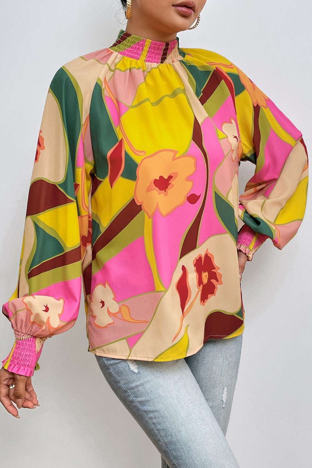 Stilla | Smocked Lantern Sleeve Mock Neck Bluse Rabat