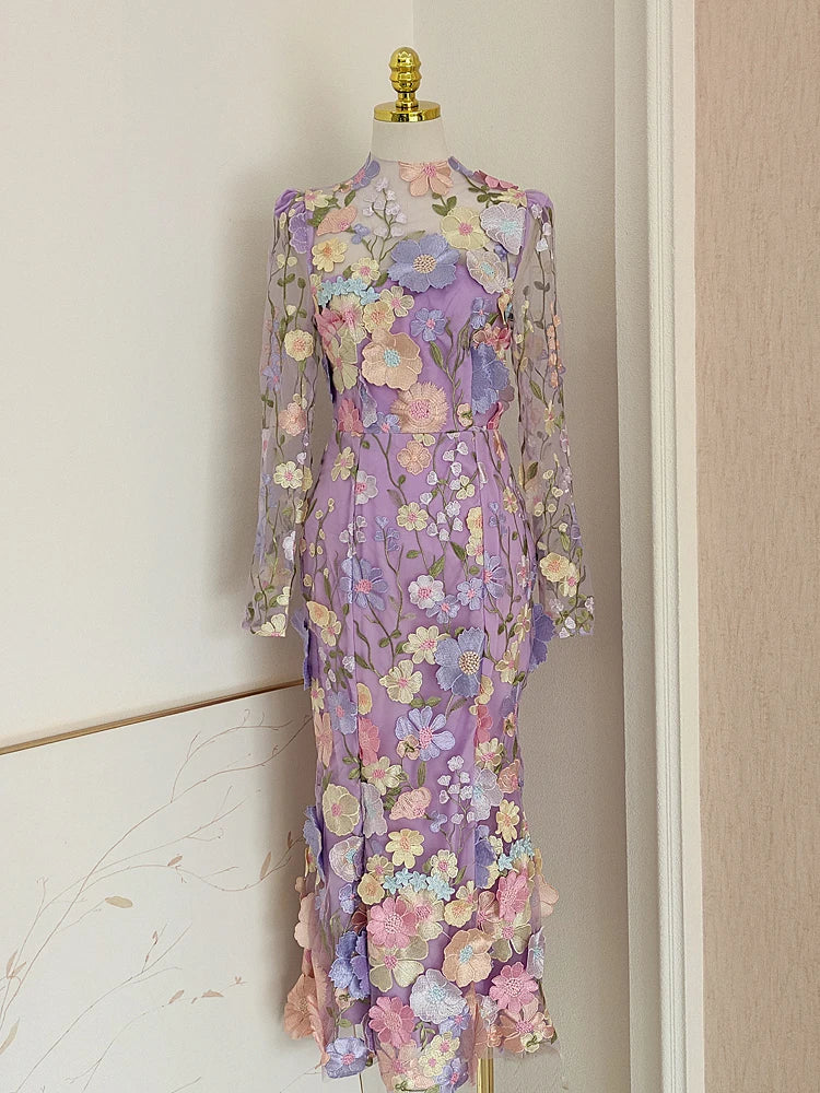 Stilla | Runway Forår/sommer Ny Mesh 3d Blomsterbroderi Perspektiv Aften Prom Kjole Kvinder Ferie Robe Vestido Fest Online