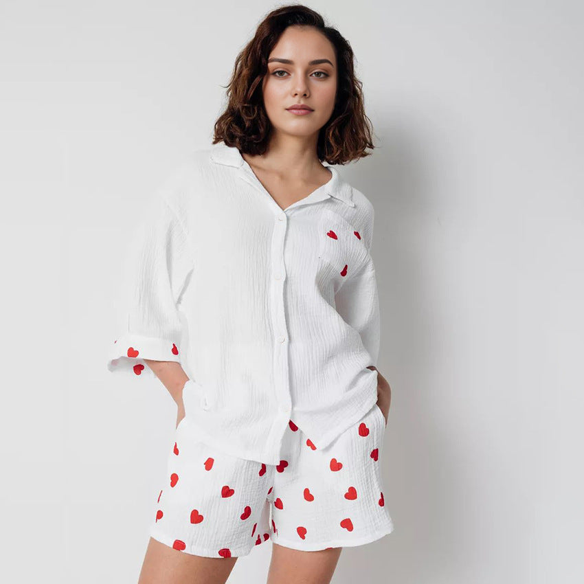 Stilla | Forårstøj Hjemmesæt Hjerteprint Trekvartærmer Shorts to Delt Pyjama Bomuld Kvinder