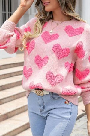 Stilla | Pullover Saint Valentin I Jacquard Strikket Materiale Med Lys Rosa Hjerter