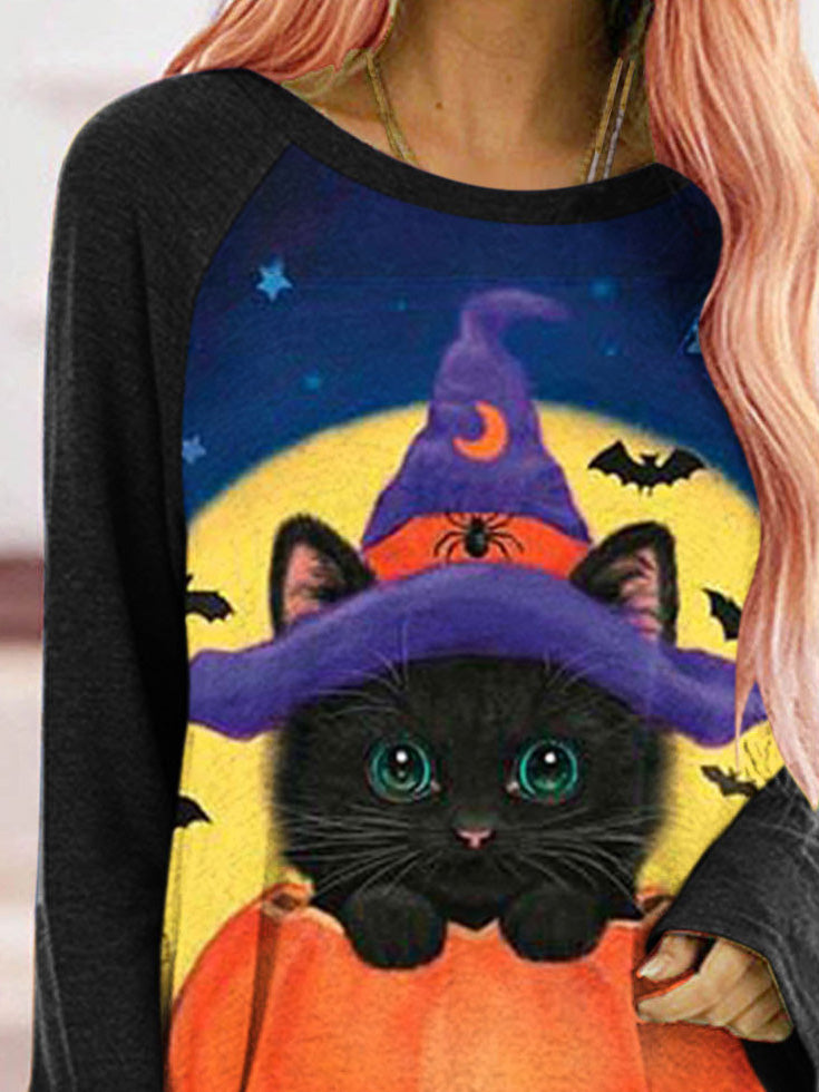 Stilla | Kvinder T-shirts Kat Græskar Print Rund Hals Langærmet T-shirt Hot på udsalg