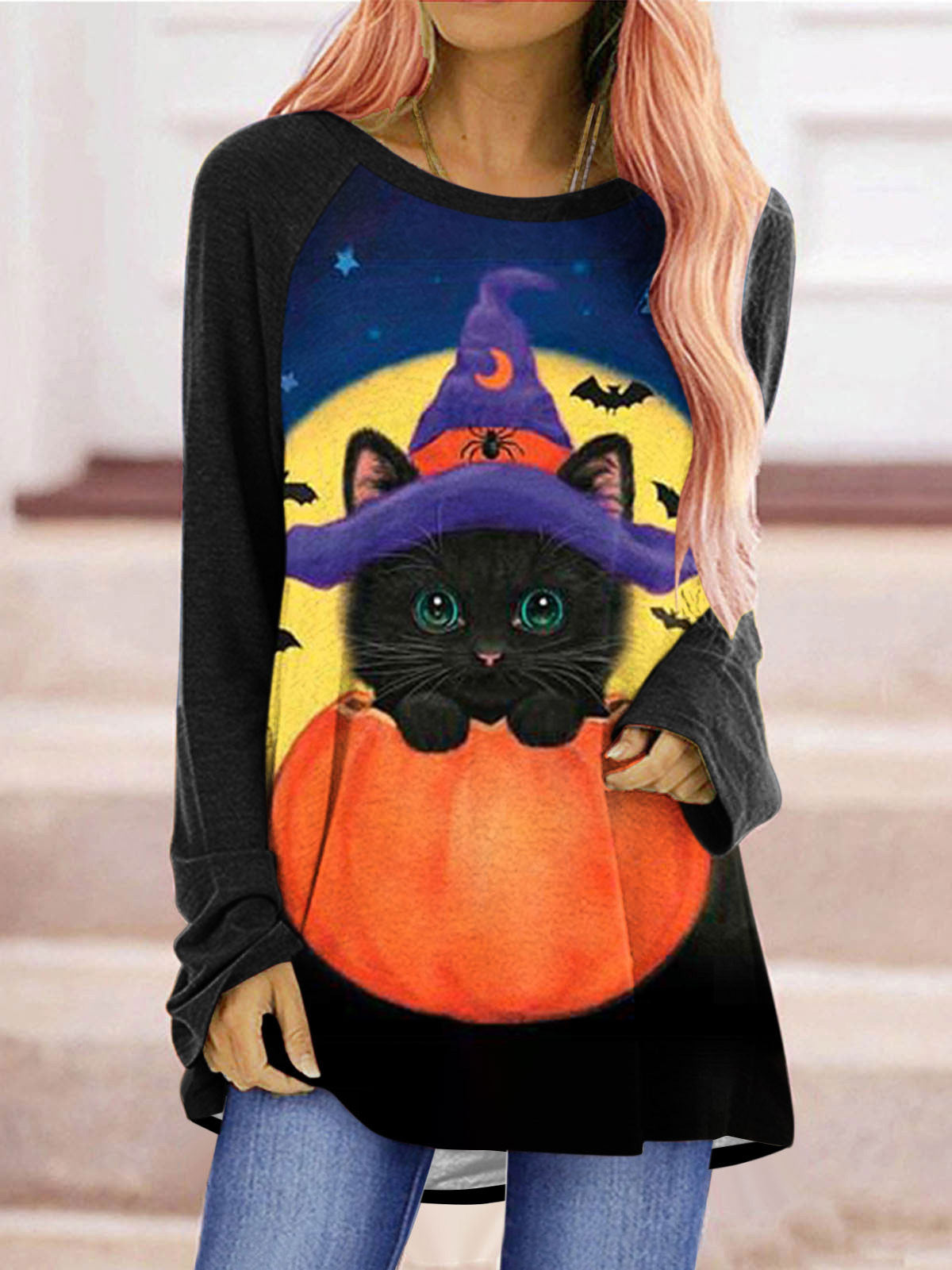 Stilla | Kvinder T-shirts Kat Græskar Print Rund Hals Langærmet T-shirt Hot på udsalg