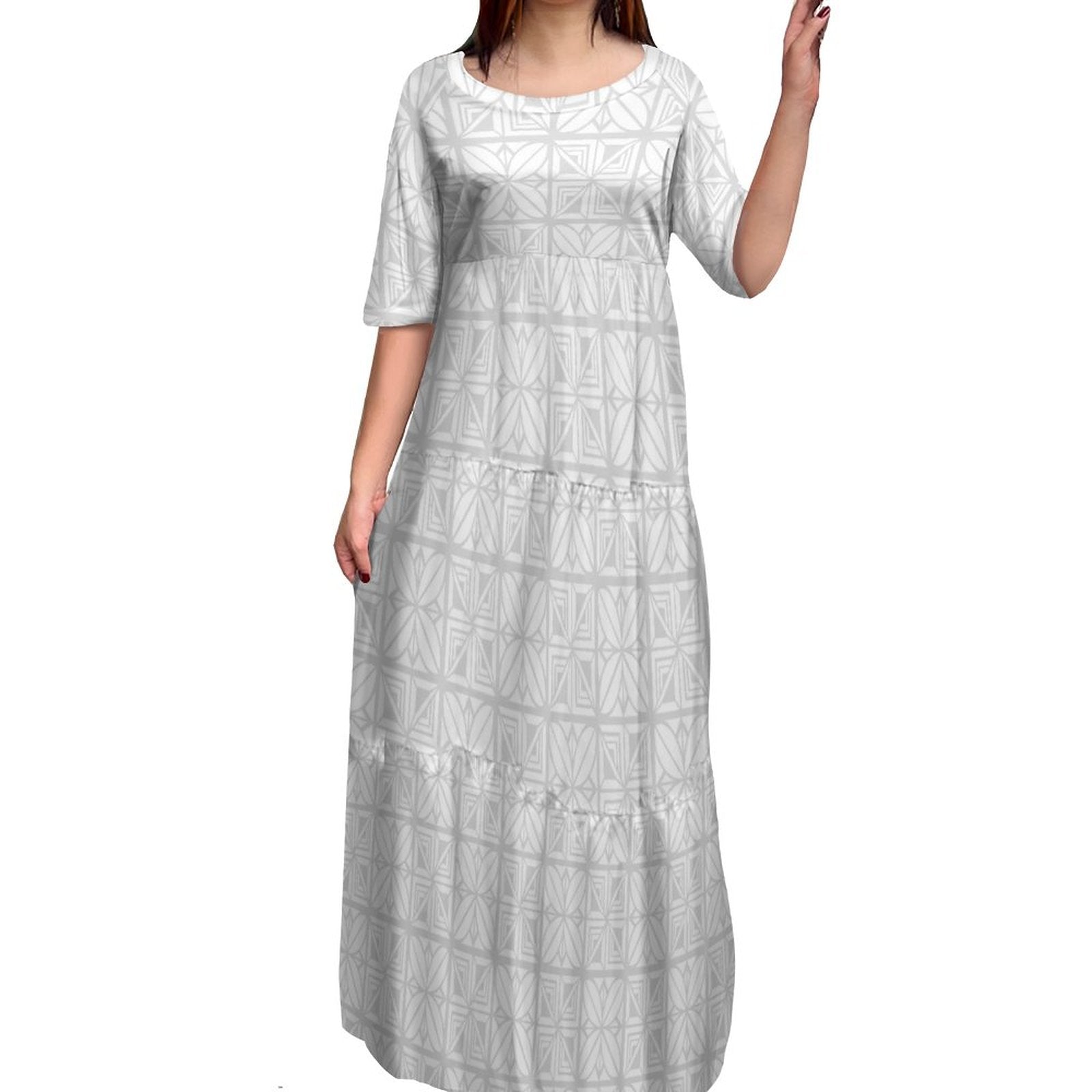 Stilla | Polynesisk Print Plus Size Rund Hals Kjole Udsalg