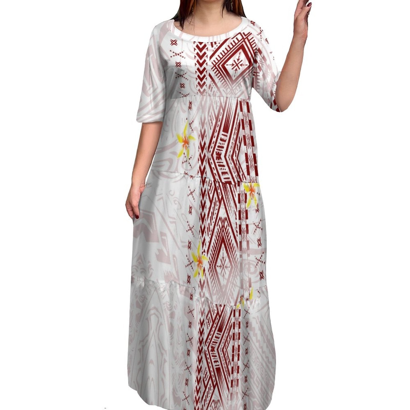 Stilla | Polynesisk Print Plus Size Rund Hals Kjole Udsalg