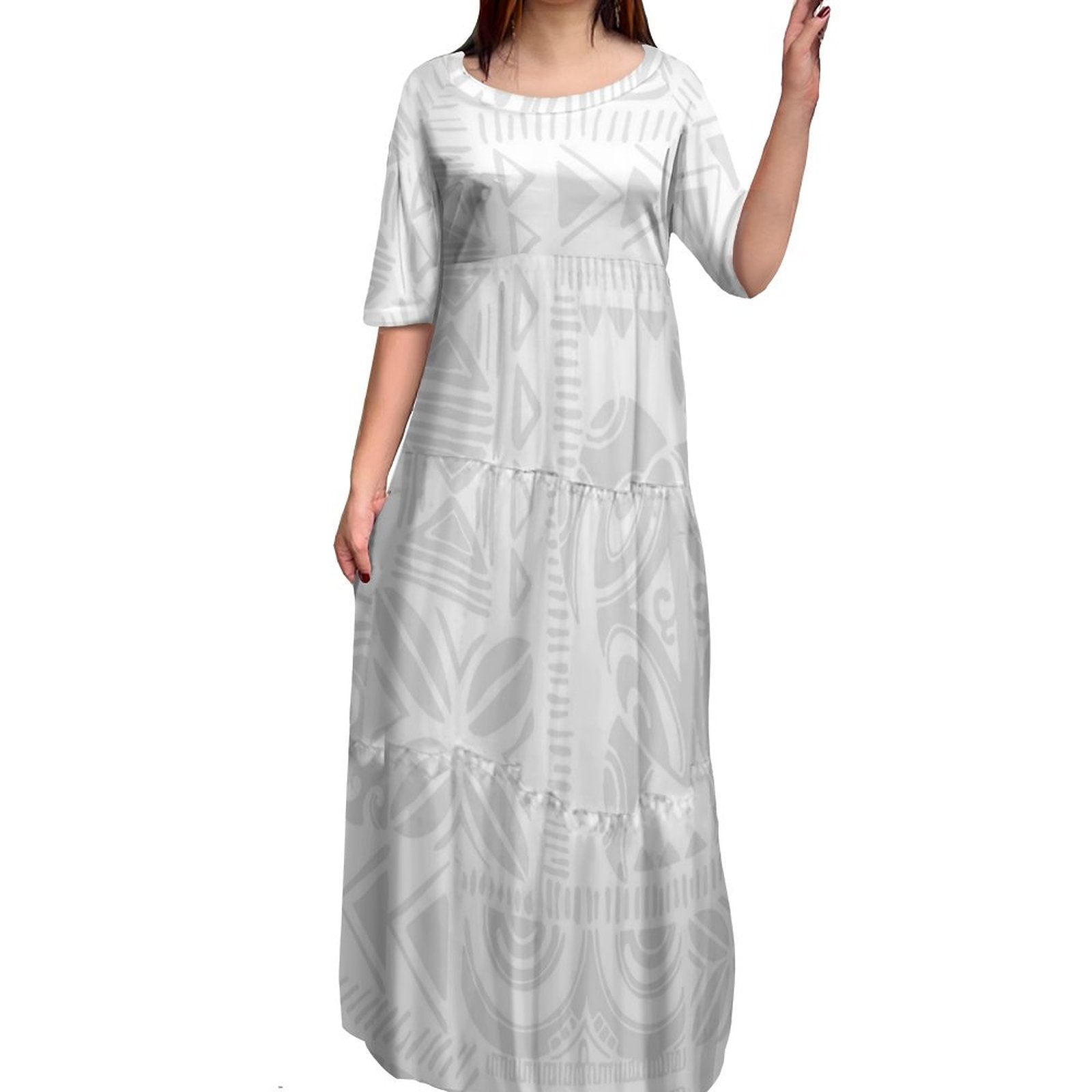 Stilla | Polynesisk Print Plus Size Rund Hals Kjole Udsalg