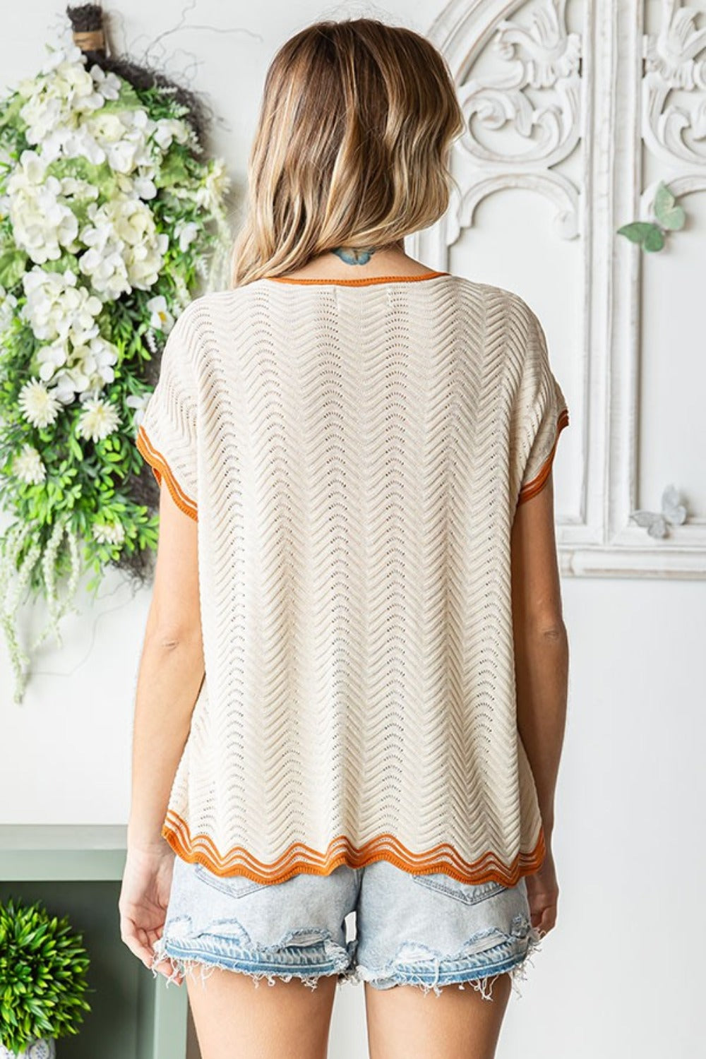 Stilla | Love Plus Size Kontrast Bølge Hækle Drop Shoulder Strik Top