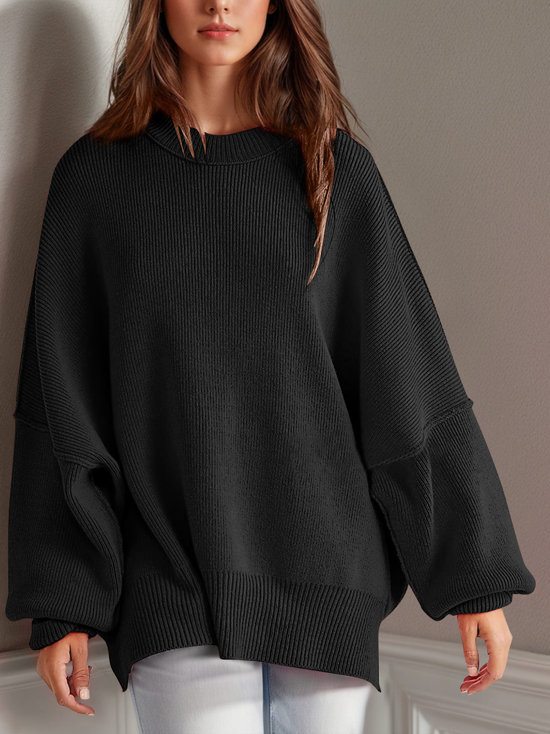 Stilla | Tag Side Slit Rund Hals Langærmet Sweater