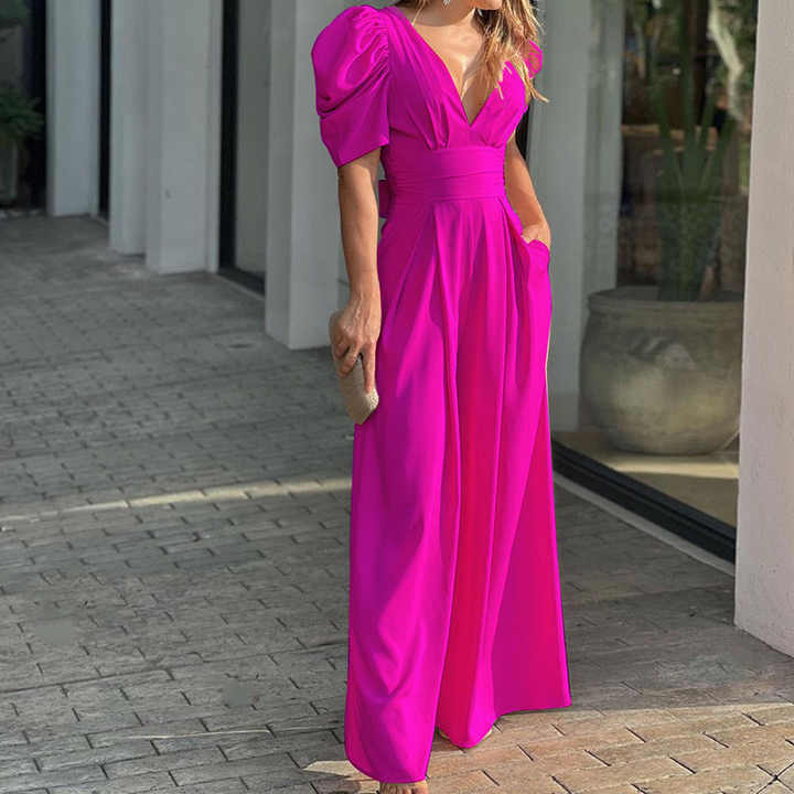 Stilla | Elegant V-hals Jumpsuit Med Puffærmer Til Stilfulde Kvinder