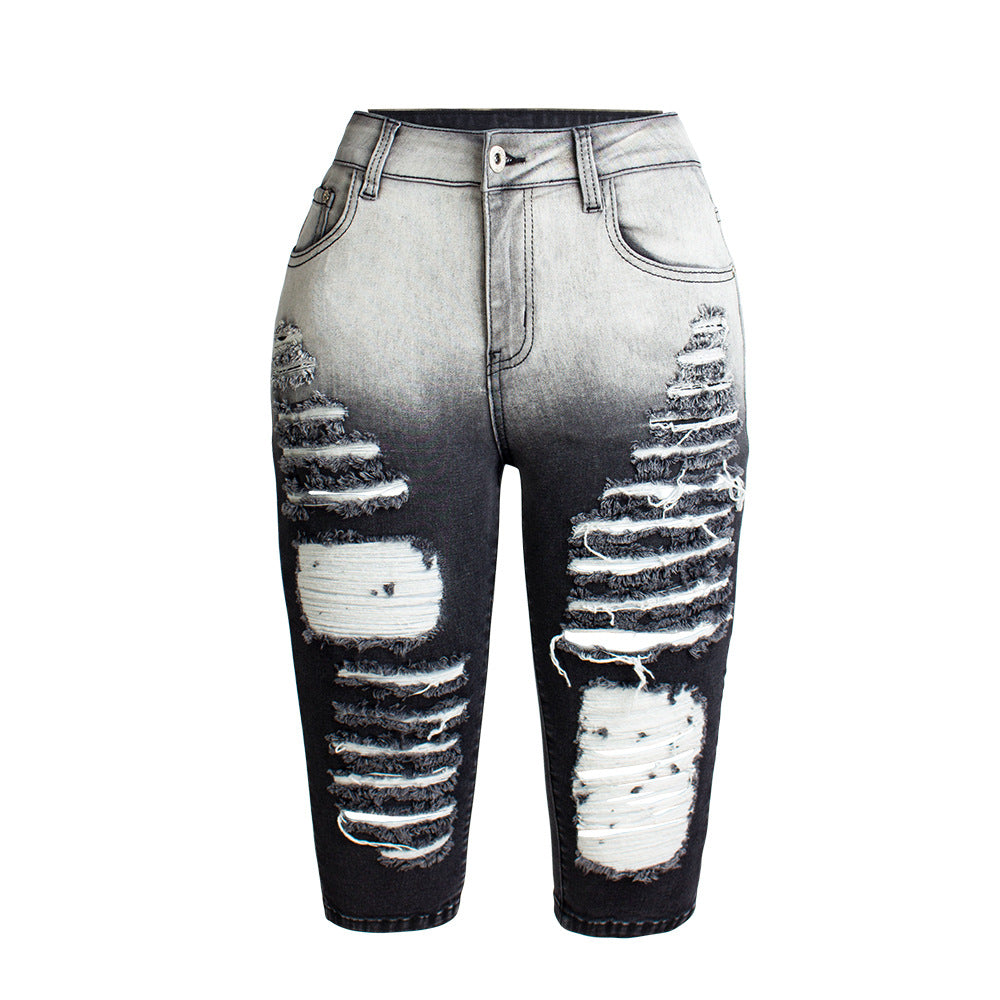 Stilla | Knælange Revne Moto Jeans Shorts