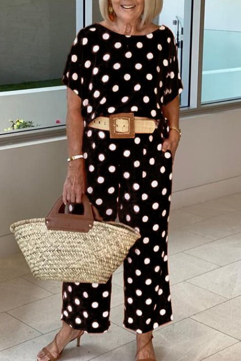 Stilla | Afslappet Polka Dot Patchwork O Hals Kort Ærme to Deler Udsalg