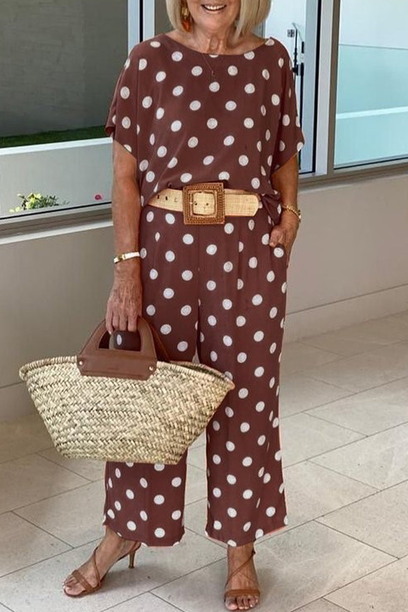 Stilla | Afslappet Polka Dot Patchwork O Hals Kort Ærme to Deler Udsalg