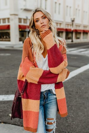 Stilla | Roman Rusty Orange Stribet Strikketrøje Online Hot Salg