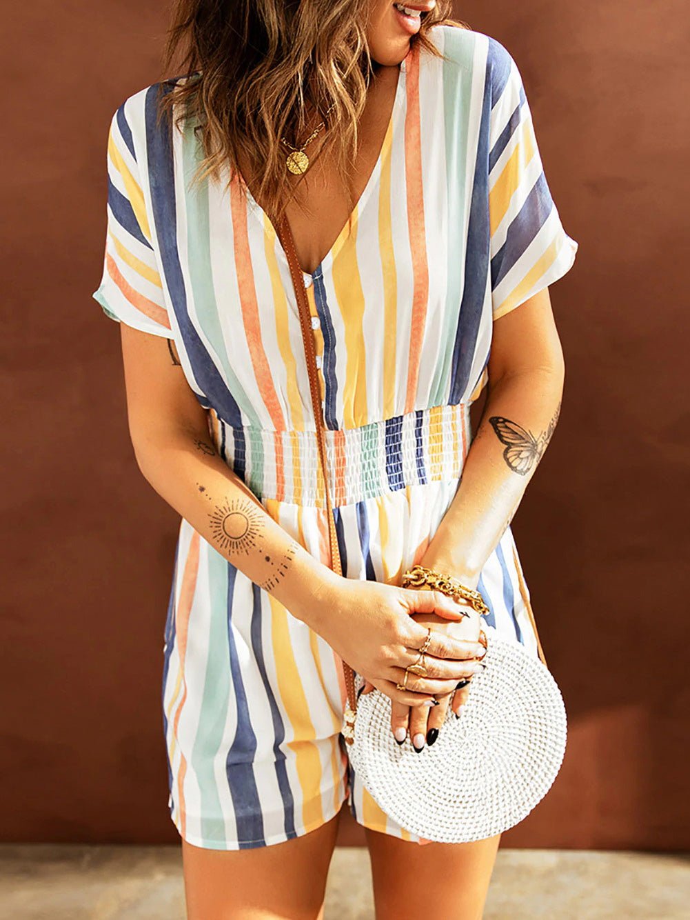 Stilla | Kvinders Jumpsuits Elastisk Talje Stribet Print V-udskæring Jumpsuit