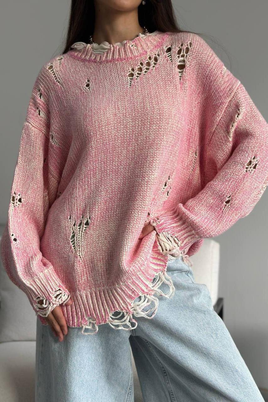 Stilla | Rund hals uld hul strik sweater Hot på udsalg
