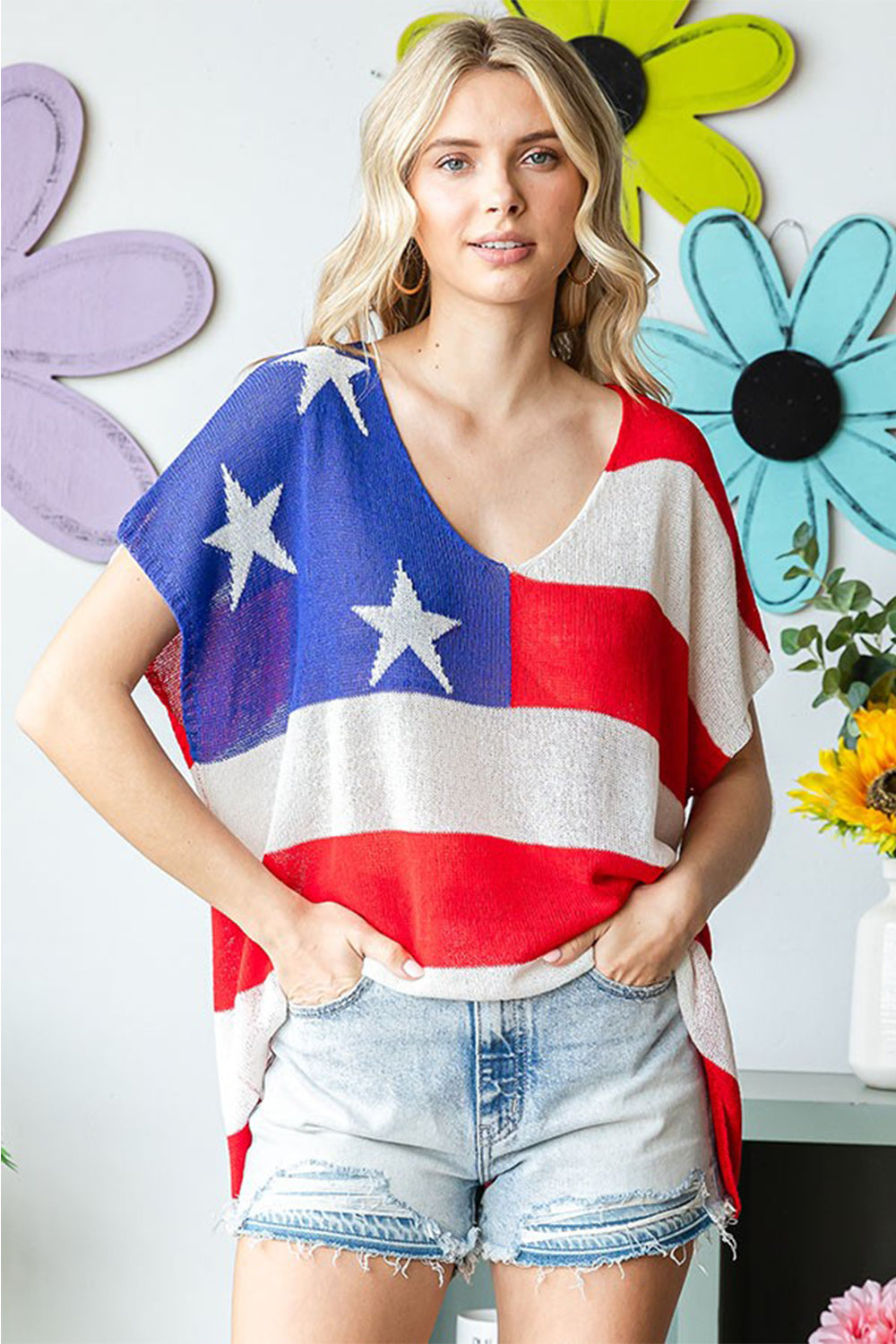 Stilla | Love Fuldt Størrelse USA Flag Drop Shoulder Strik Top