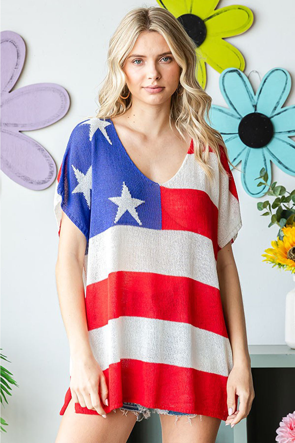 Stilla | Love Fuldt Størrelse USA Flag Drop Shoulder Strik Top