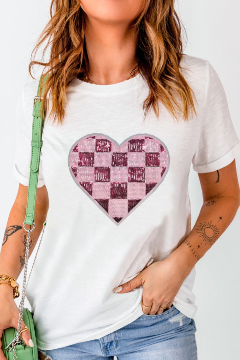 Stilla | Pailletternet Hjerte Rund Hals Korte Ærmer T-Shirt