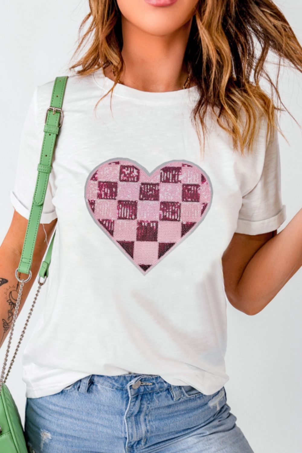 Stilla | Pailletternet Hjerte Rund Hals Korte Ærmer T-Shirt