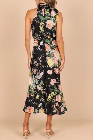 Stilla | Højhalsæt Ærmeløs Høj Talje Blomsterprint Midi Kjole