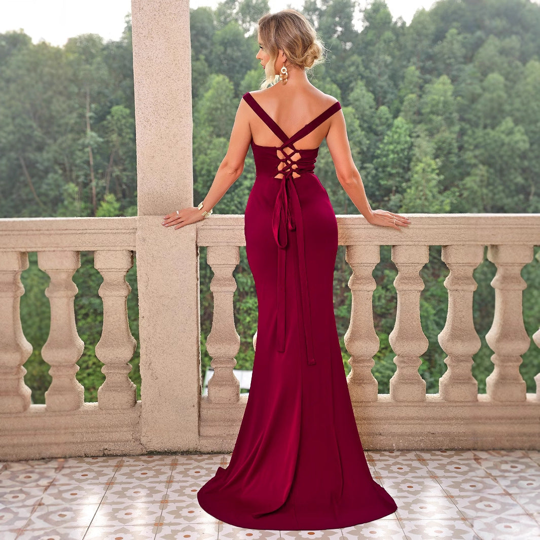 Stilla | Sexet Ensfarvet Bånd Tilbage Åben Slids Camisole Gown Maxi Kjole