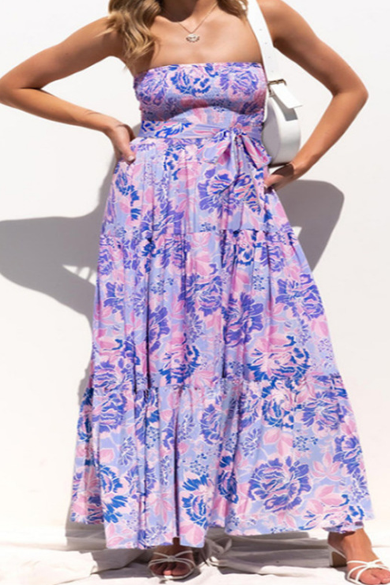 Stilla | Afslappet Print Patchwork Stropløs Kage Skirt Kjoler på udsalg