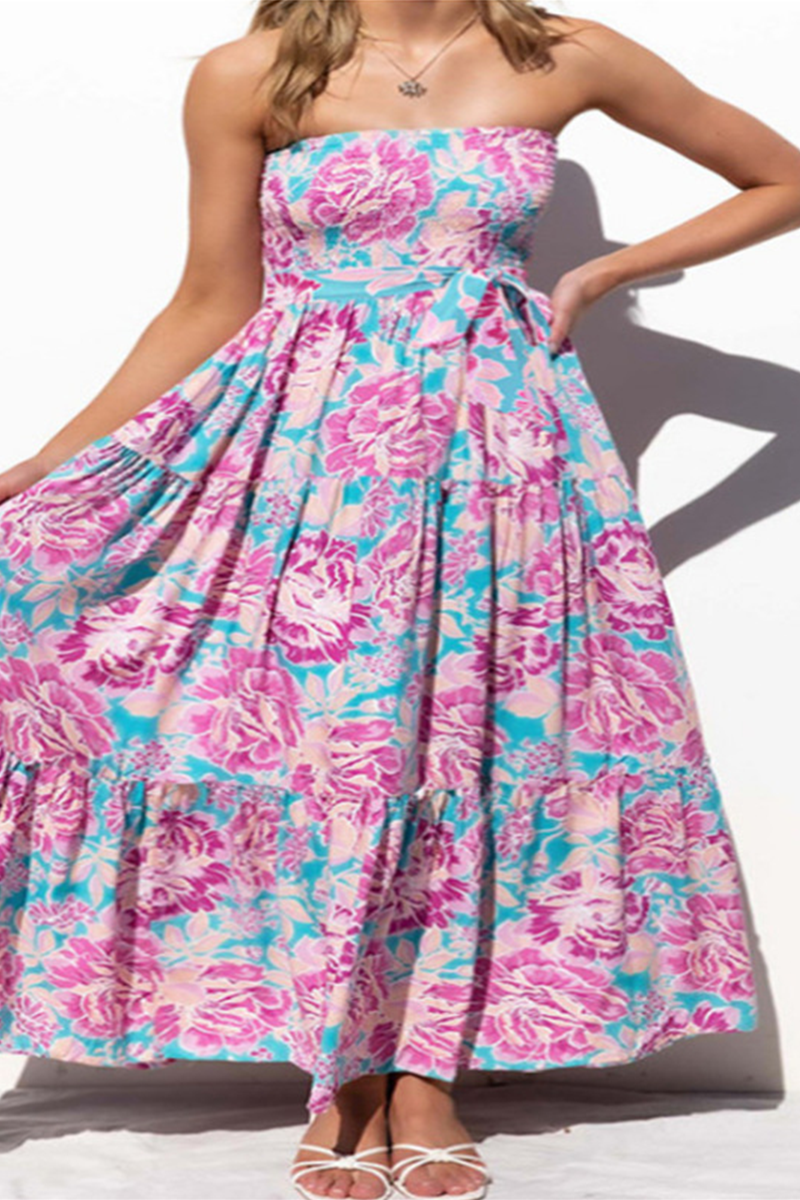 Stilla | Afslappet Print Patchwork Stropløs Kage Skirt Kjoler på udsalg