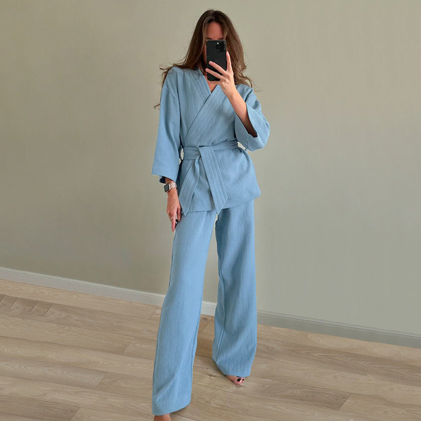 Stilla | Efterår Pure Cotton Pink Strikketrøje Hjemme Wear Afslappet Komfortabel Langærmet Bukser Pyjamas Sæt Online salg