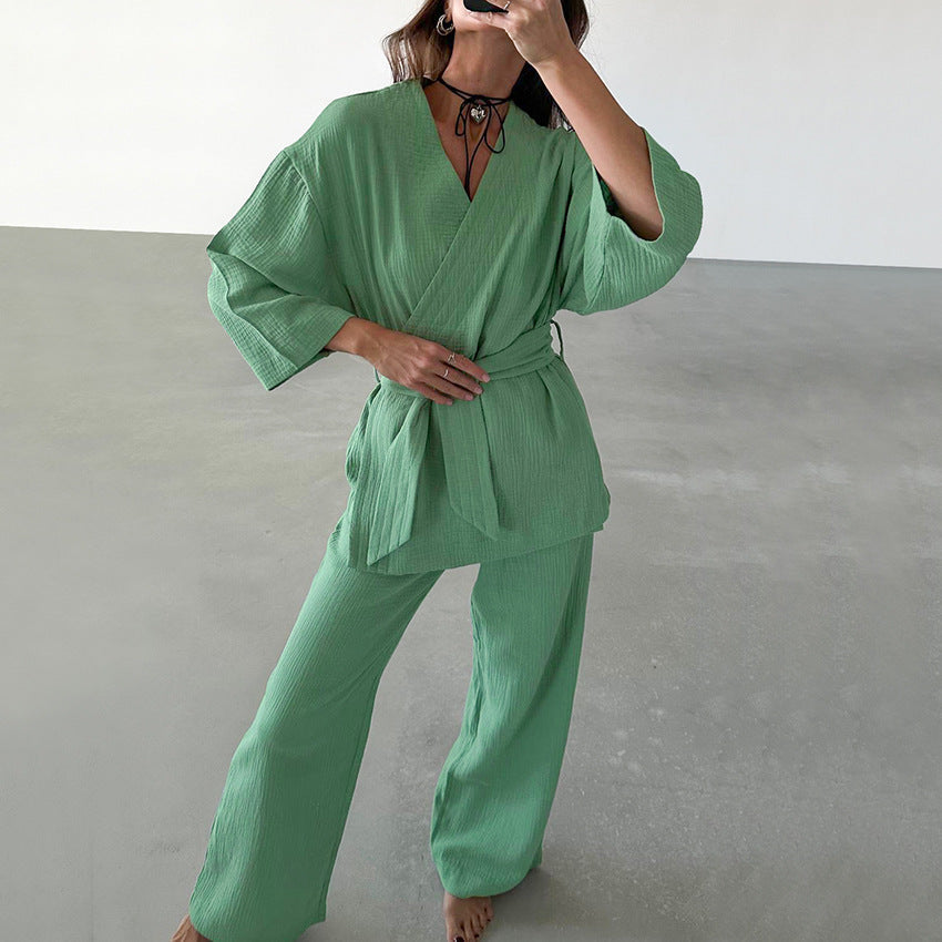 Stilla | Efterår Pure Cotton Pink Strikketrøje Hjemme Wear Afslappet Komfortabel Langærmet Bukser Pyjamas Sæt Online salg