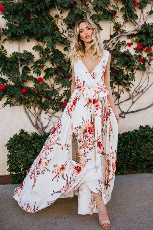 Stilla | Boho Print Bindebånd Flare Maxi Kjole