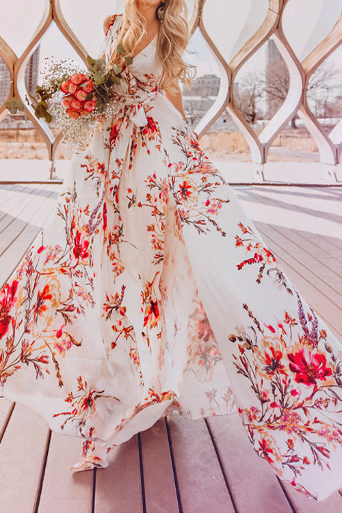 Stilla | Boho Print Bindebånd Flare Maxi Kjole