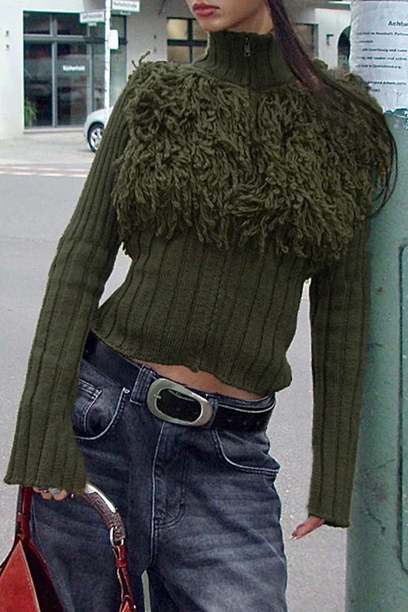 Stilla | Mønstret Pullover med Rullekrave og Frynsedetaljer samt Lynlås Online Hot Salg