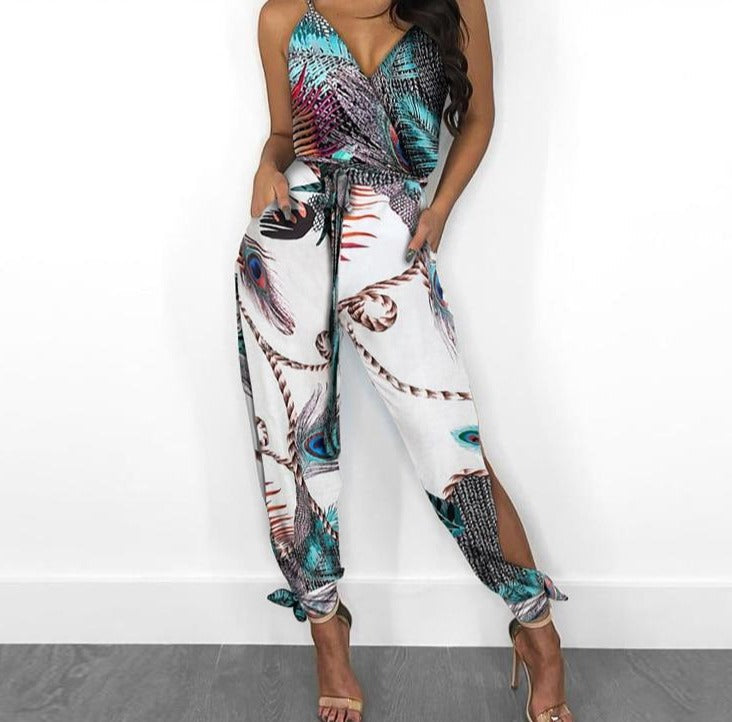 Stilla | Spaghetti Stropper Tryk Split Ben Jumpsuit