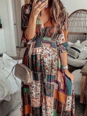 Stilla | Bohemian Print V-hals Lang Ærmet Kjole