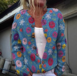 Stilla | Blå Strikketrøje Med Blomstermotiv